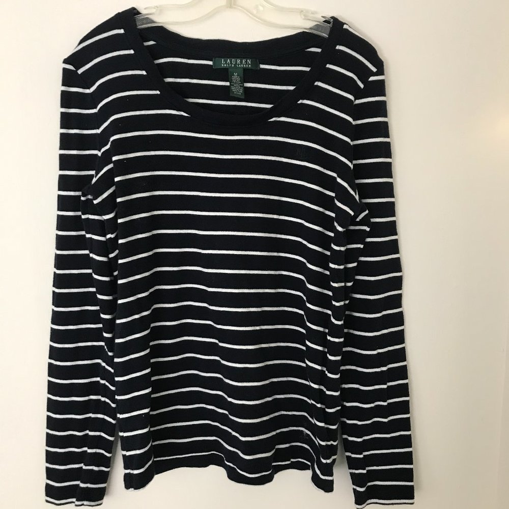 Lauren Ralph Lauren Navy Blue & White Striped Long Sleeve Size M
